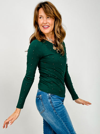 Long Sleeve Knit Top with Pearl Accents