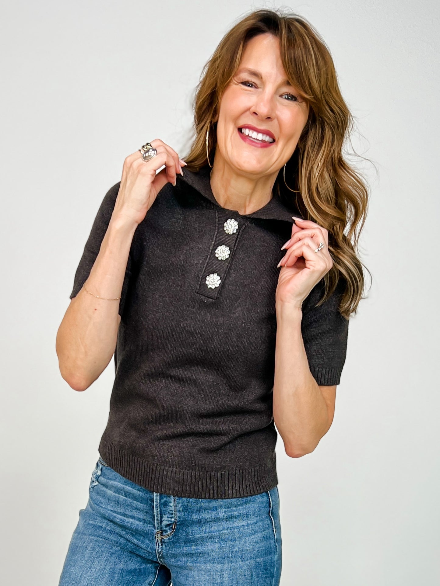 Short Sleeve Solid Knit Top with Jewel Button Neckline