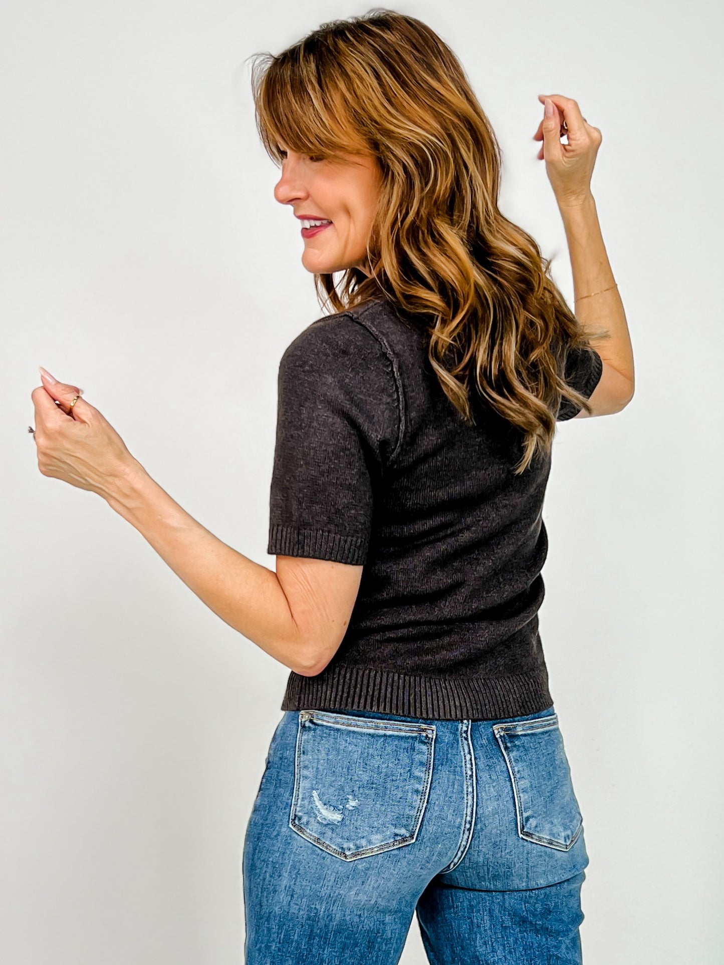 Short Sleeve Solid Knit Top with Jewel Button Neckline