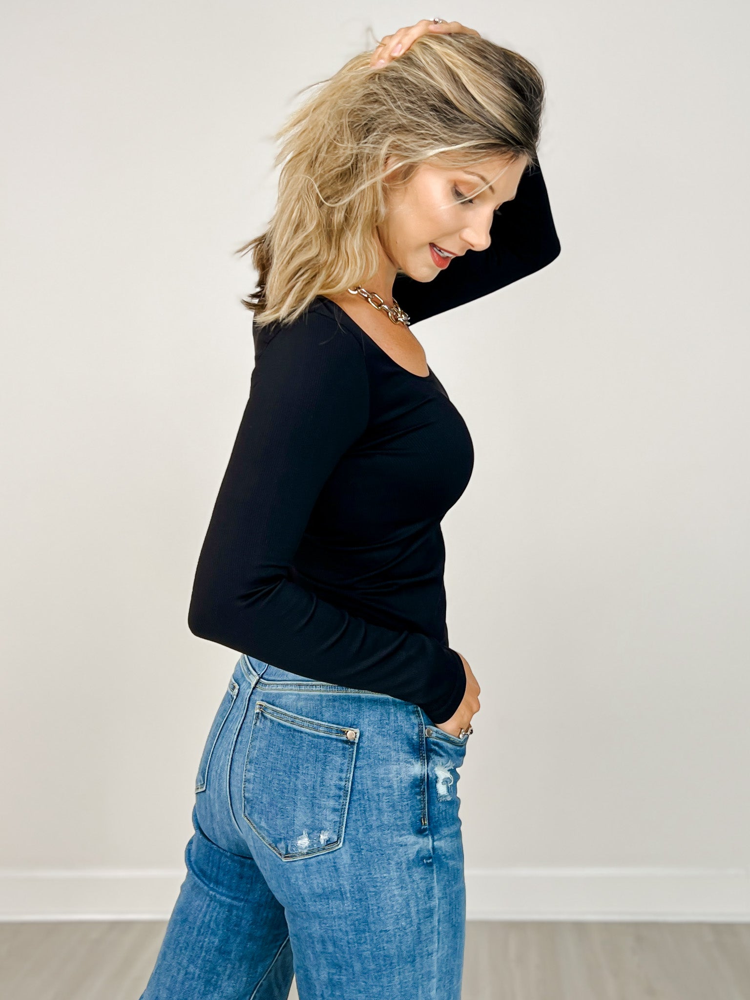 Long Sleeve Ribbed Scoop Neck Top