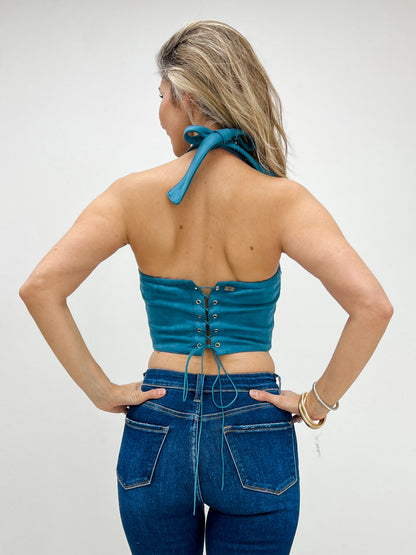 Teal Boot Stitch Embroidered Corset Top