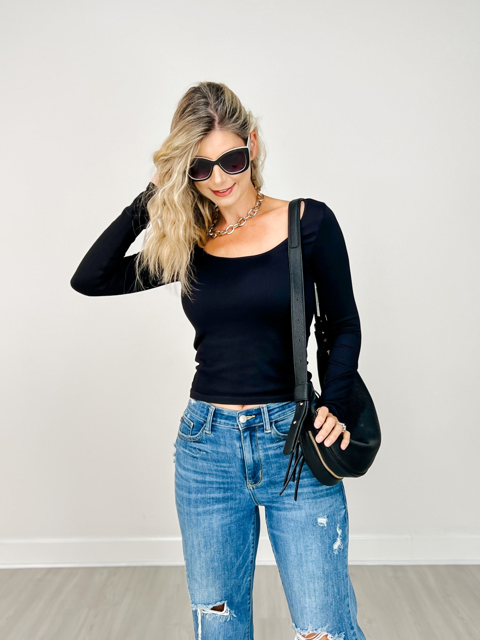 Long Sleeve Ribbed Scoop Neck Top