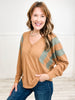 V-Neck Shoulder Stripe Top with Button Detail