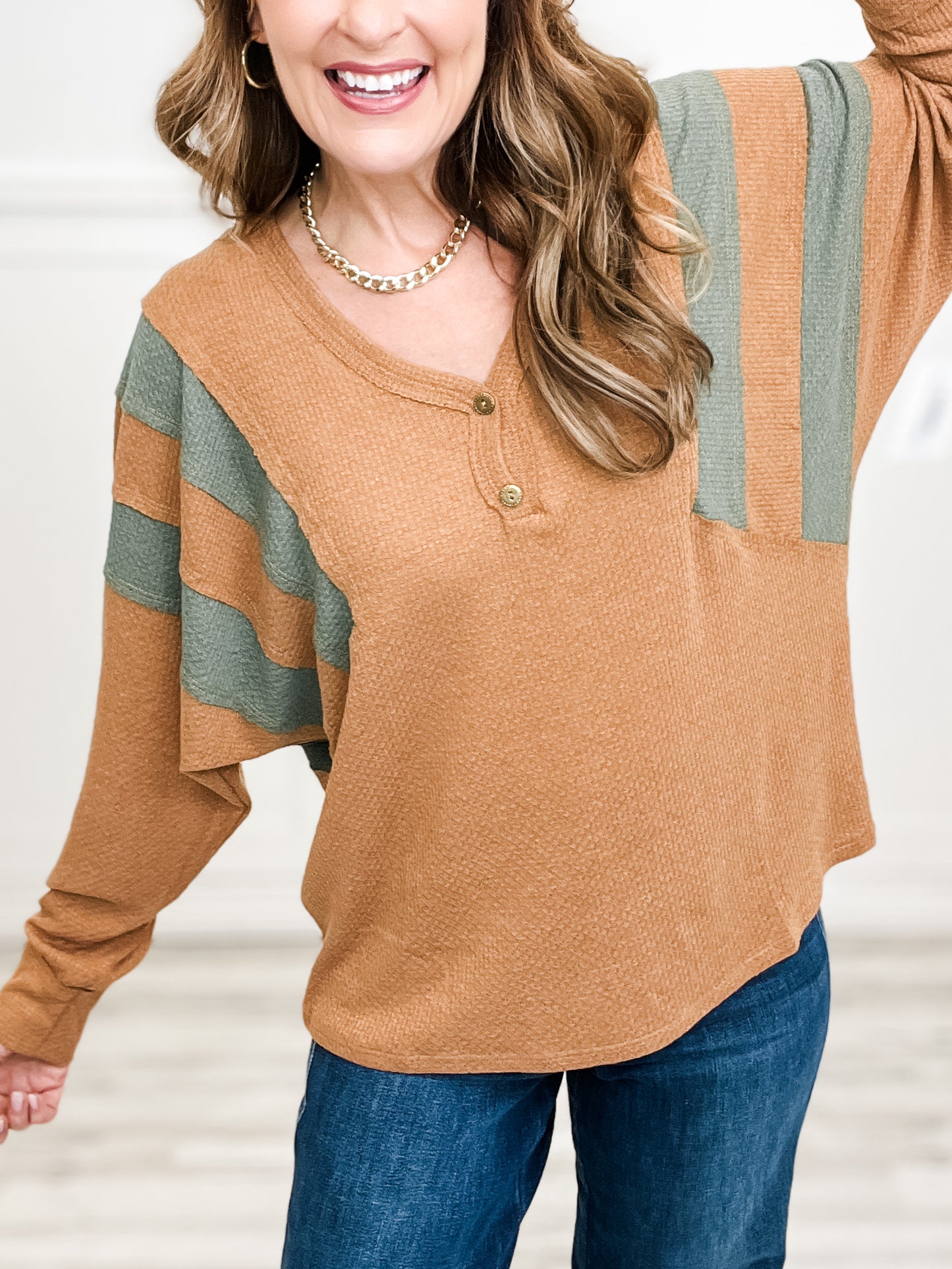 V-Neck Shoulder Stripe Top with Button Detail