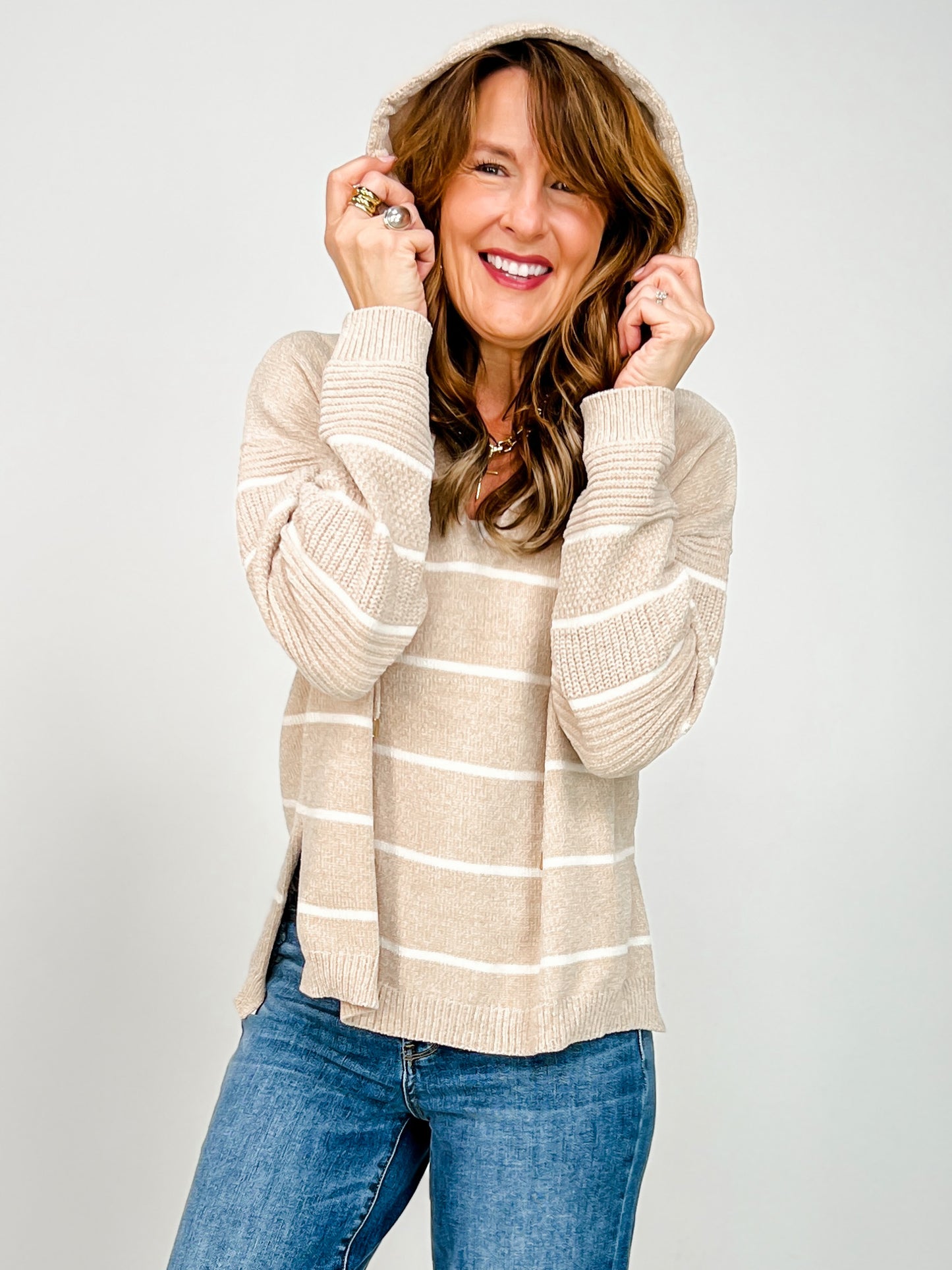 Long Sleeve Striped Knit Hoodie Top