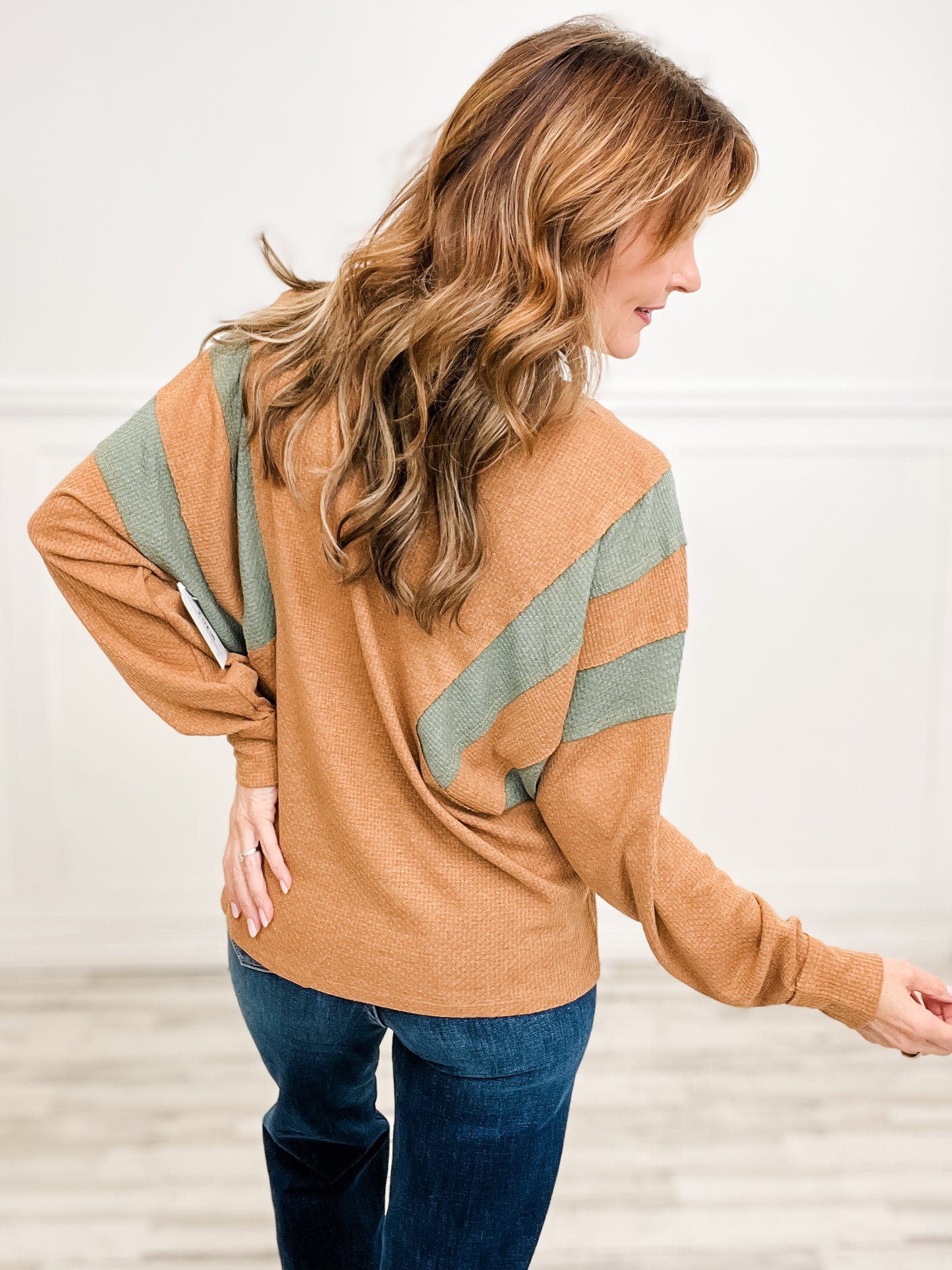 V-Neck Shoulder Stripe Top with Button Detail