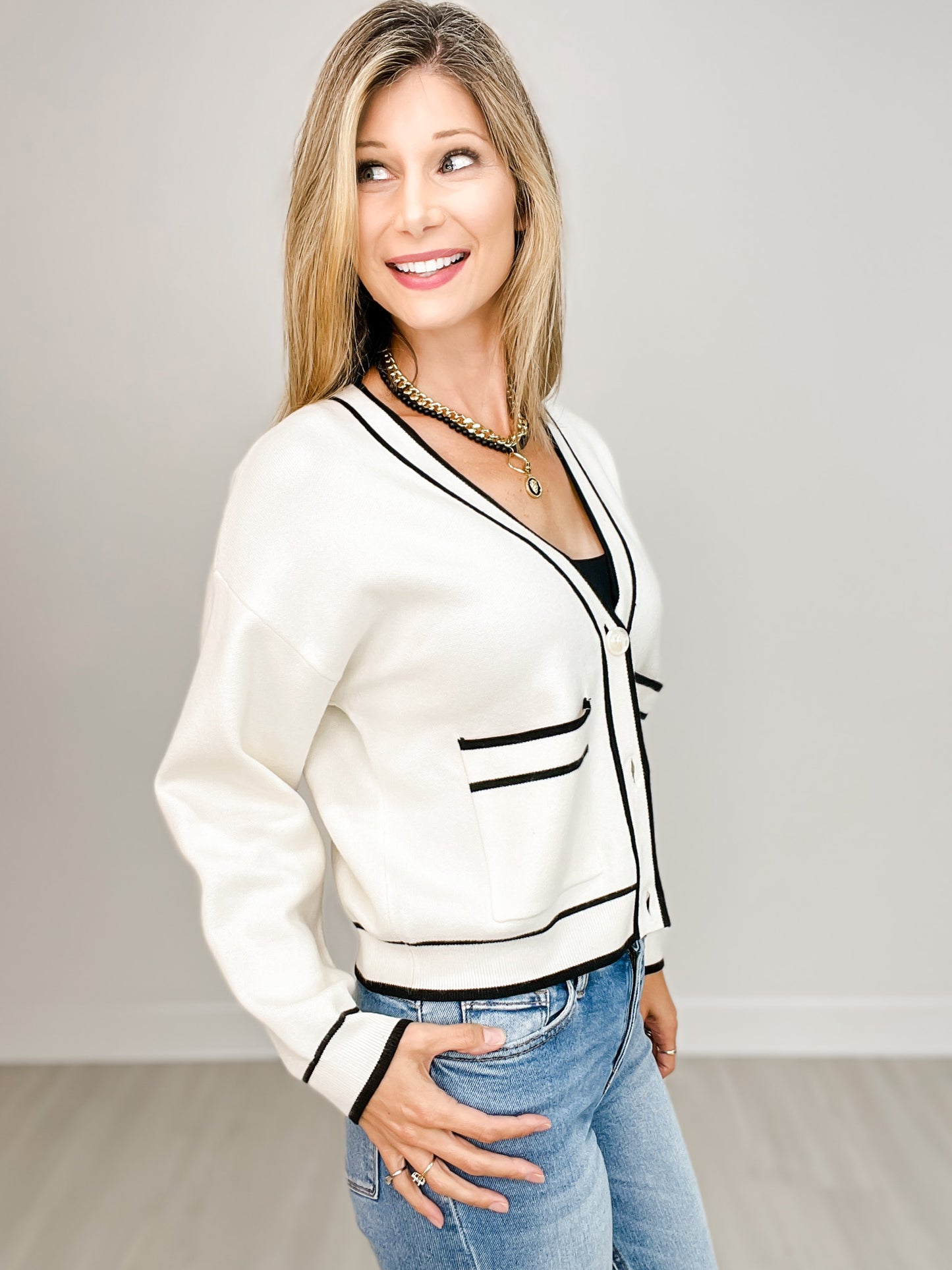 Button Front Cardigan Top with Contrast Color Lining