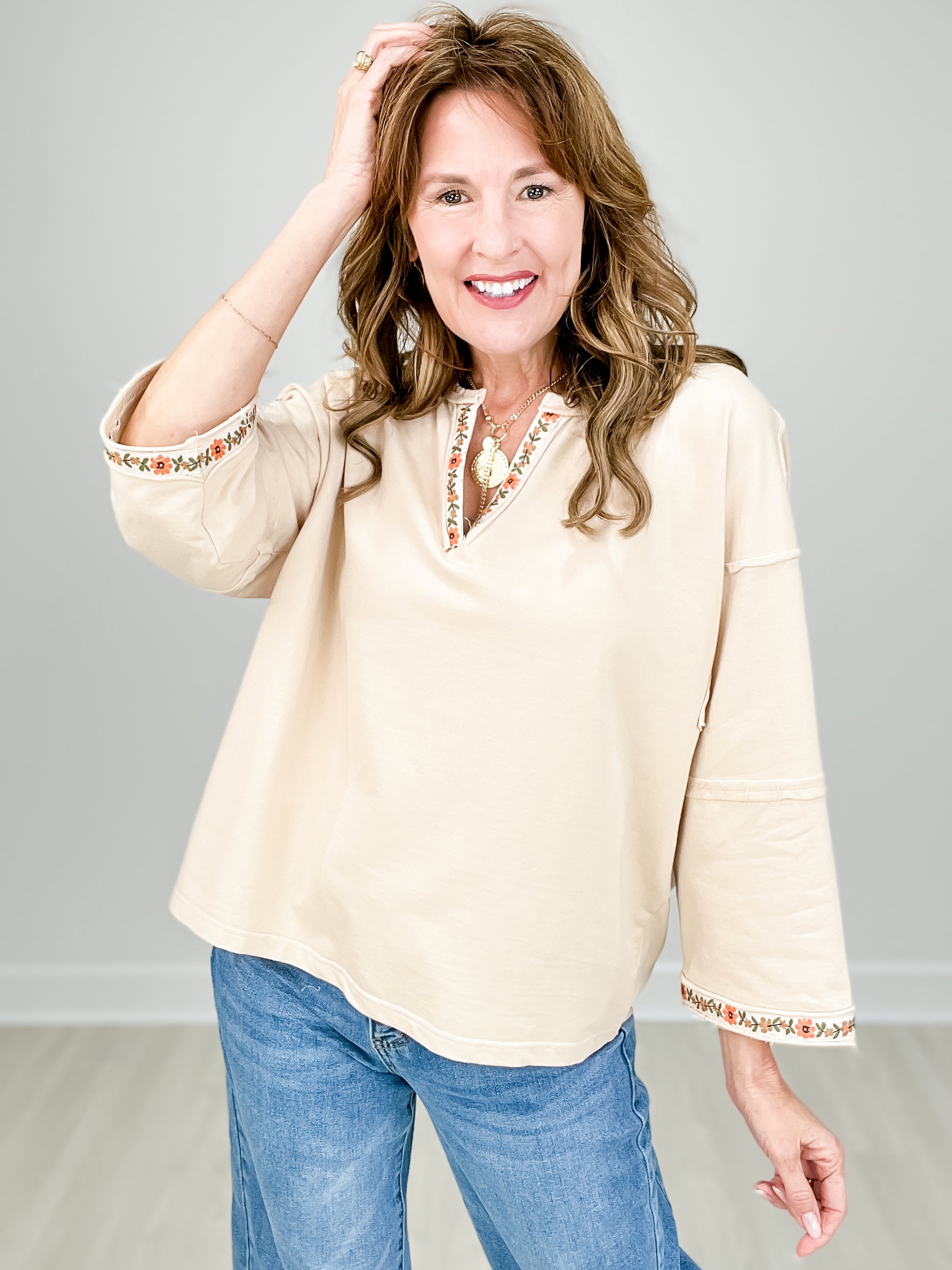 Notched V-Neckline Terry Knit Pullover Top with Floral Embroidery