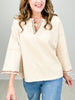 Notched V-Neckline Terry Knit Pullover Top with Floral Embroidery