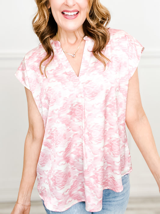 Chic Satin Effect Printed Fabric V-Neck Top