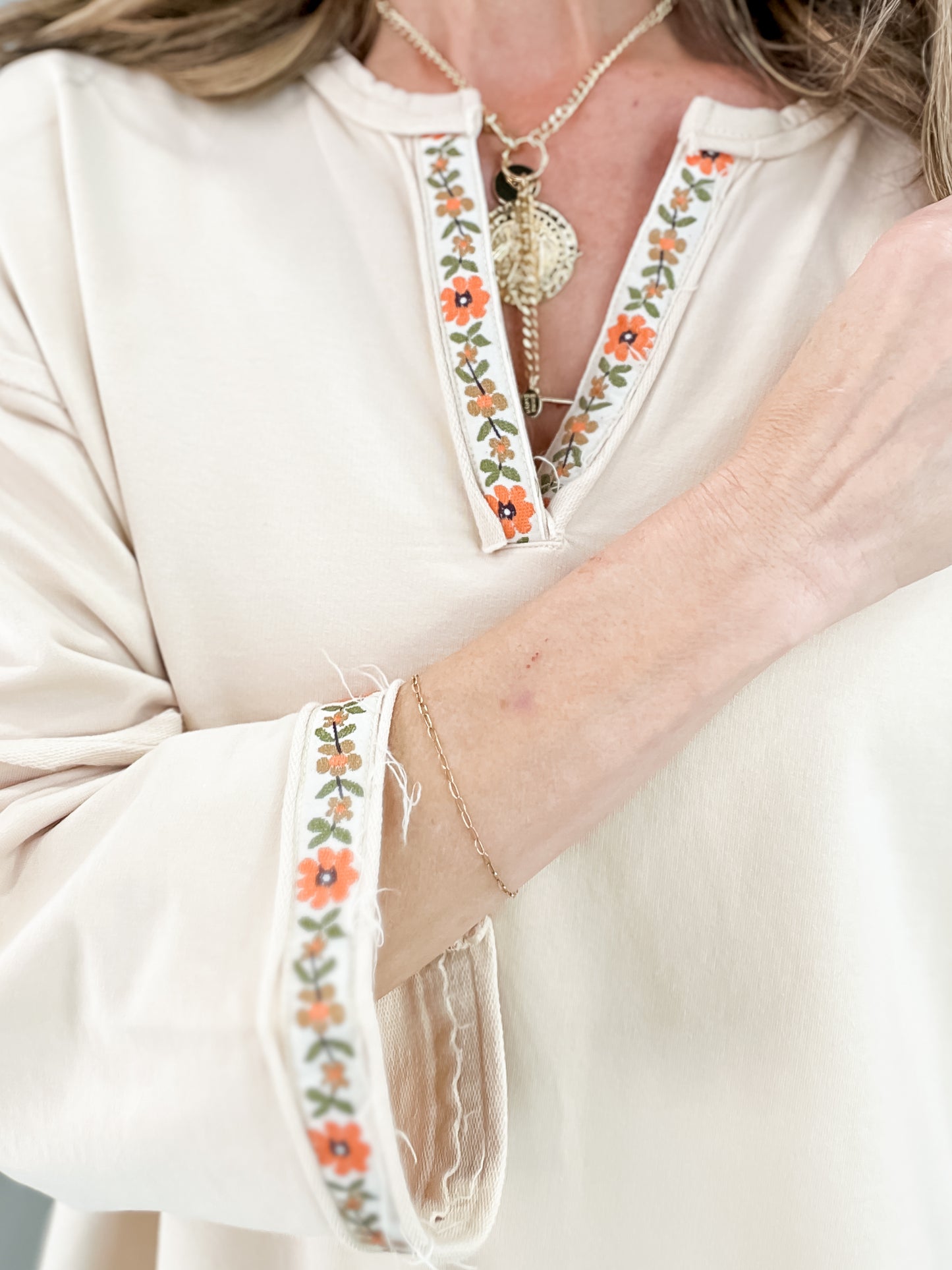 Notched V-Neckline Terry Knit Pullover Top with Floral Embroidery