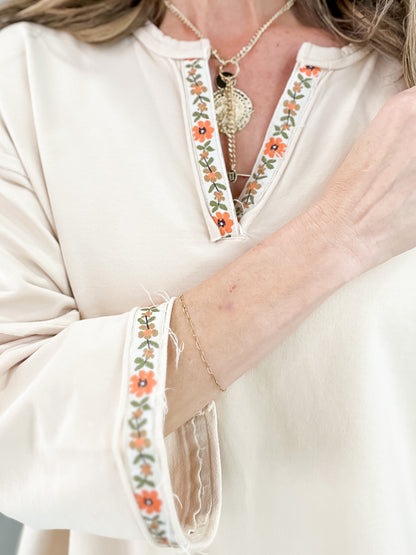 Notched V-Neckline Terry Knit Pullover Top with Floral Embroidery