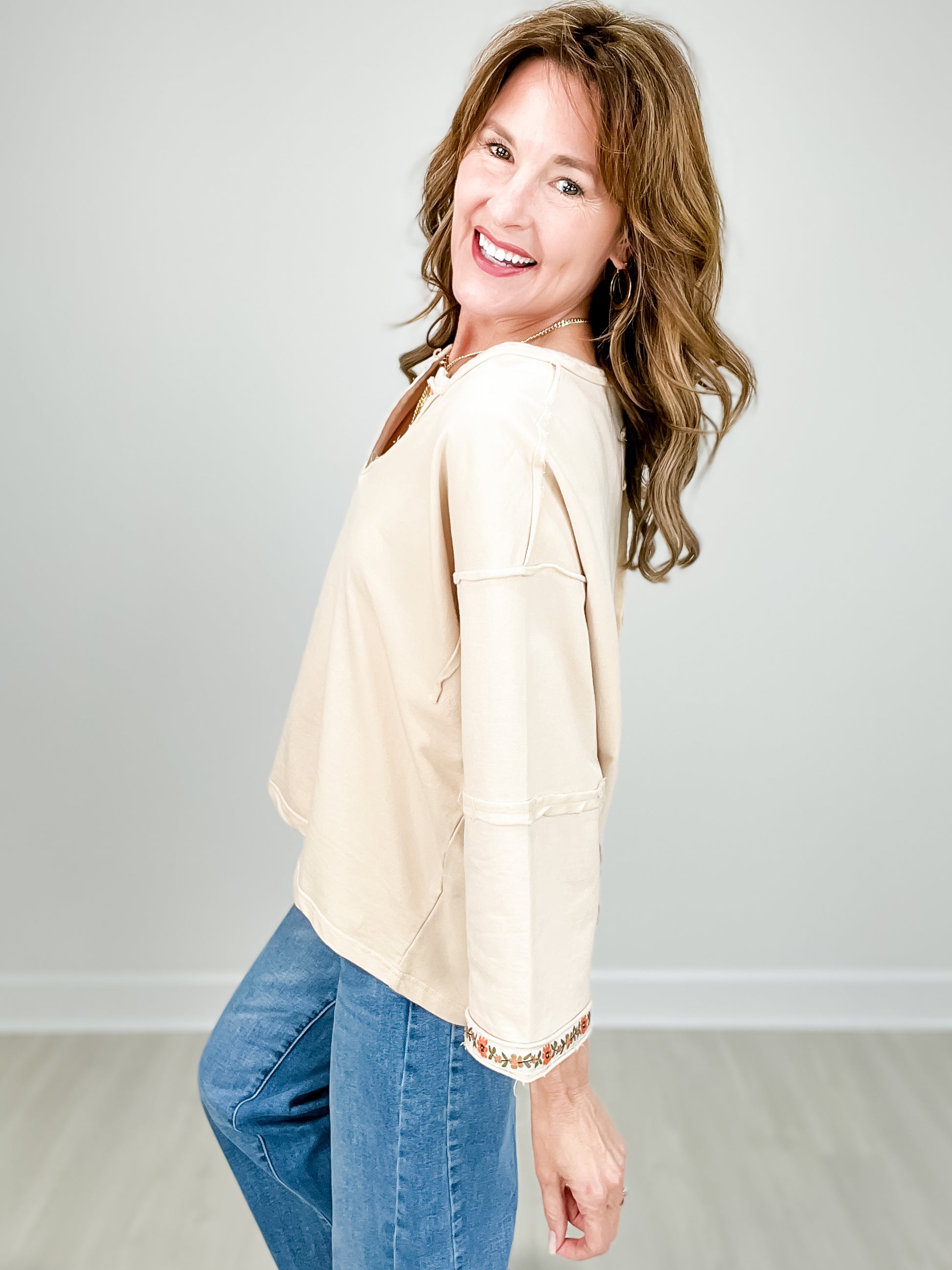 Notched V-Neckline Terry Knit Pullover Top with Floral Embroidery