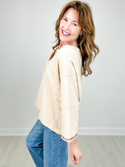 Notched V-Neckline Terry Knit Pullover Top with Floral Embroidery