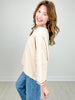 Notched V-Neckline Terry Knit Pullover Top with Floral Embroidery