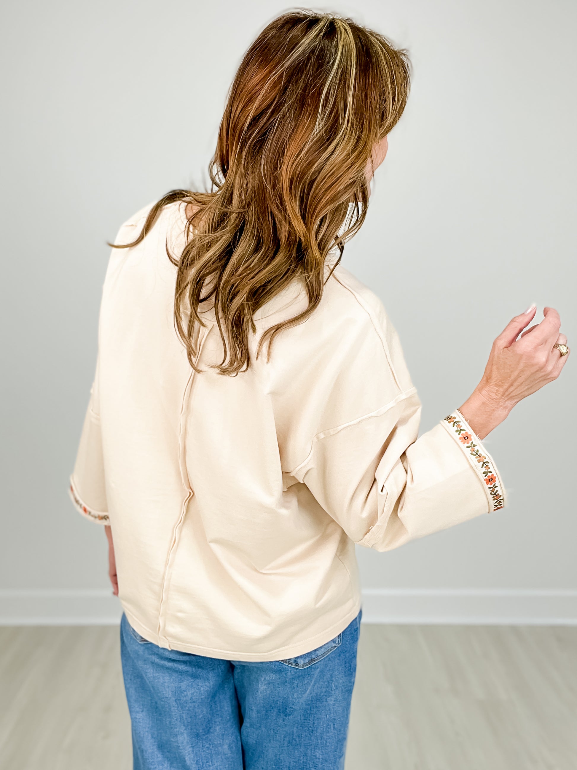 Notched V-Neckline Terry Knit Pullover Top with Floral Embroidery