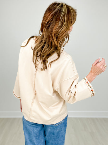 Notched V-Neckline Terry Knit Pullover Top with Floral Embroidery