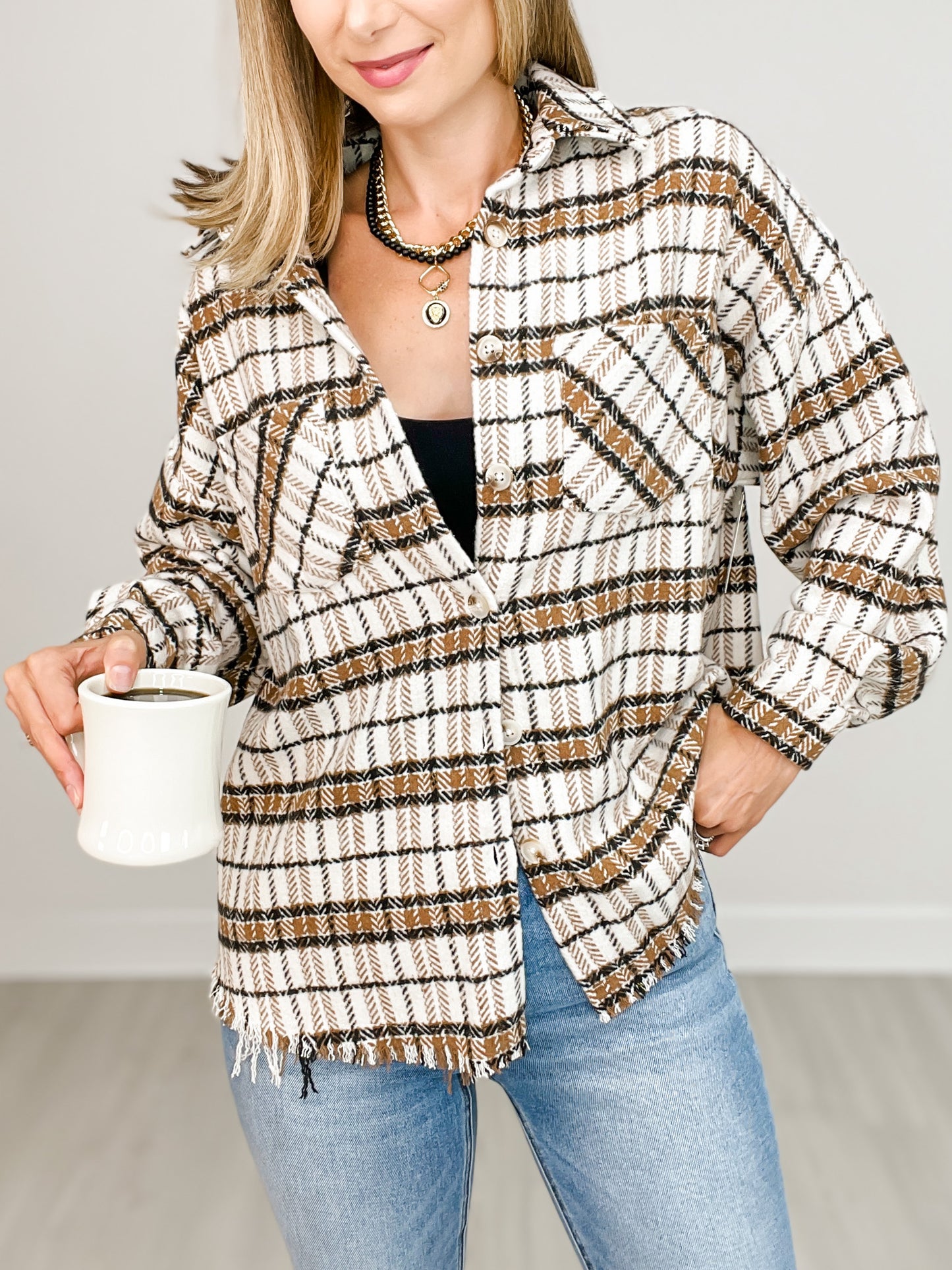 Long Sleeve Button Down Plaid Woven Shacket