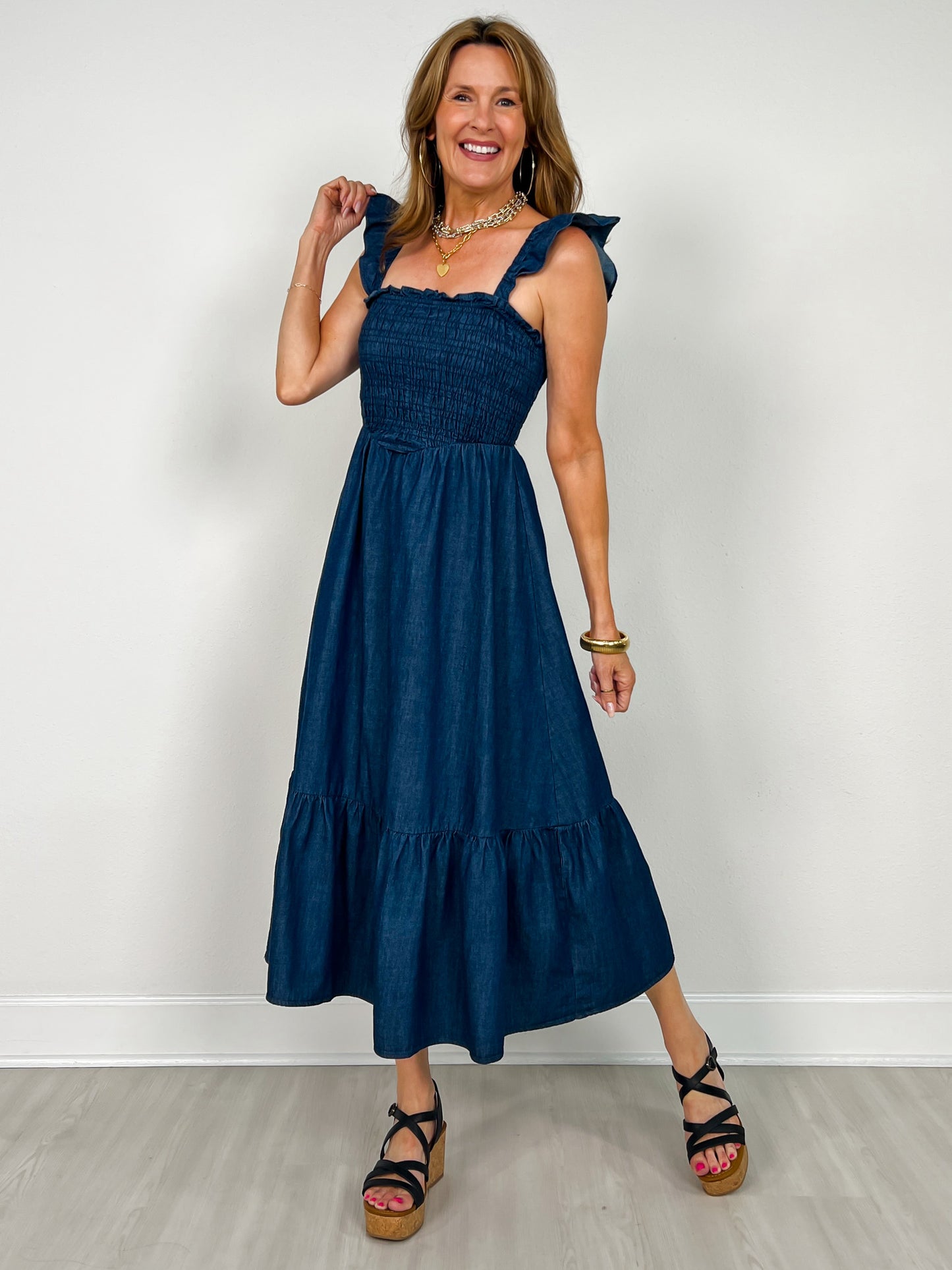 Dark Denim Ruffle Strap Smocked Midi Dress