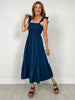 Dark Denim Ruffle Strap Smocked Midi Dress