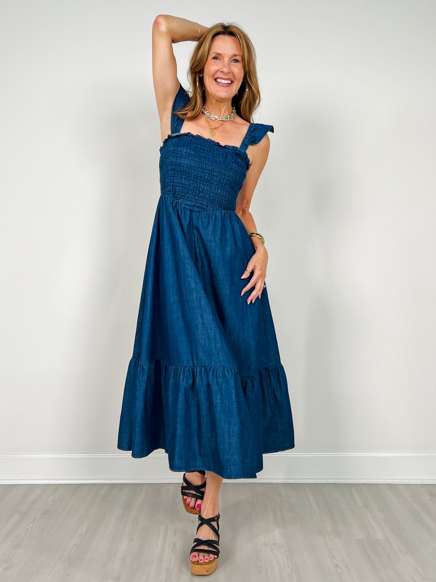 Dark Denim Ruffle Strap Smocked Midi Dress
