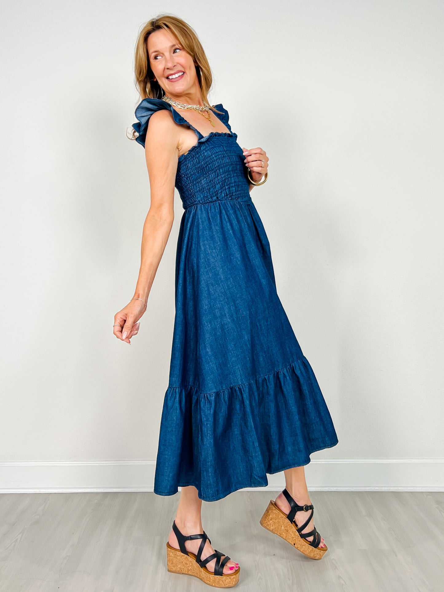 Dark Denim Ruffle Strap Smocked Midi Dress