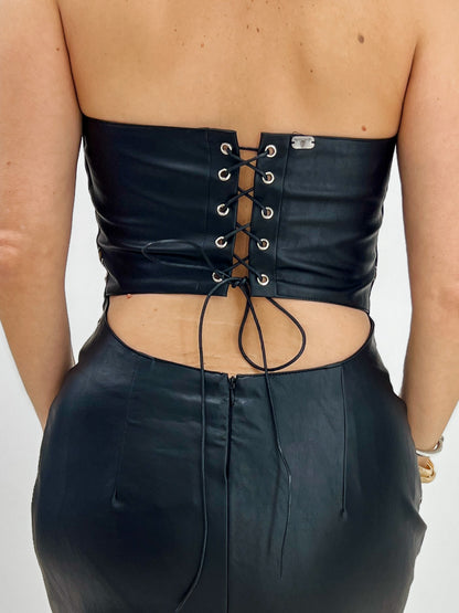 Black Leather Boot Stitch Tied Corset Dress