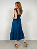 Dark Denim Ruffle Strap Smocked Midi Dress