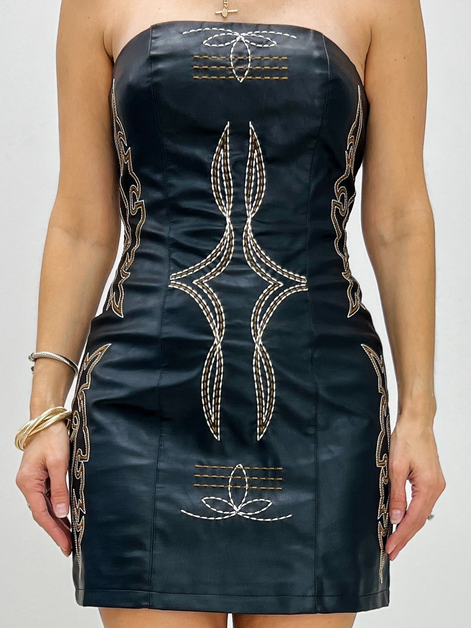 Black Leather Boot Stitch Tied Corset Dress