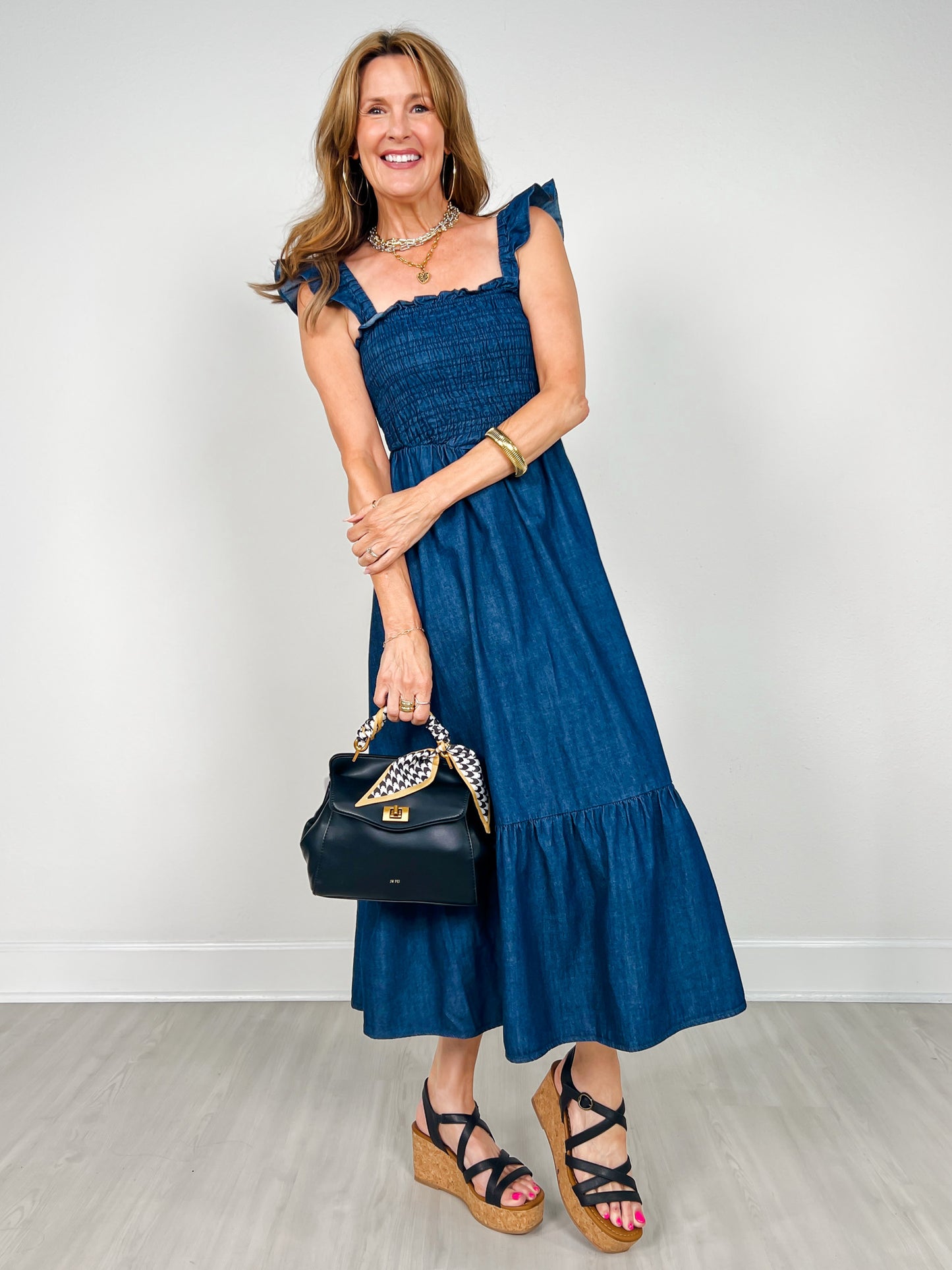 Dark Denim Ruffle Strap Smocked Midi Dress