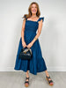 Dark Denim Ruffle Strap Smocked Midi Dress