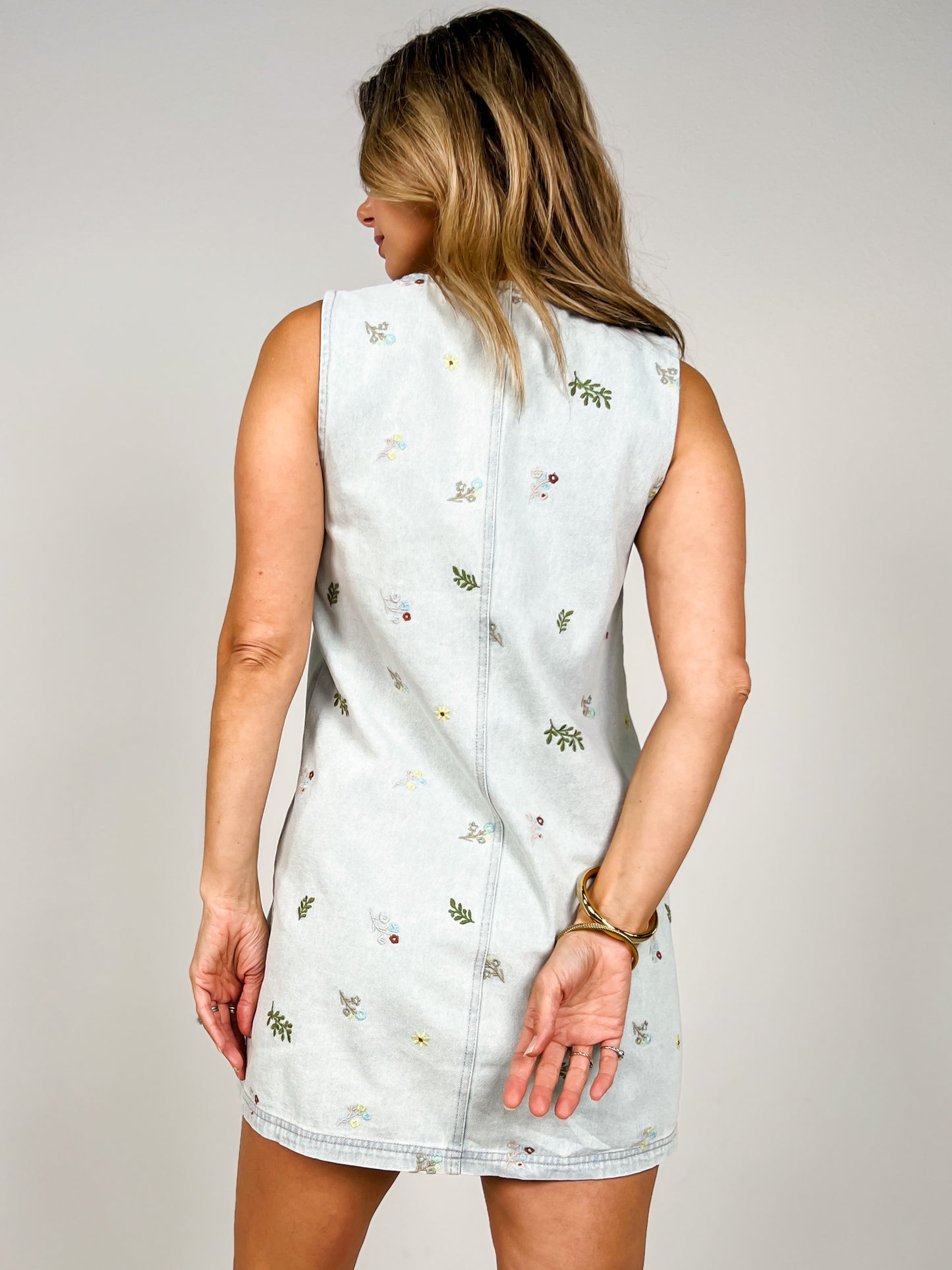 Embroidered Floral Button Down Denim Mini Dress