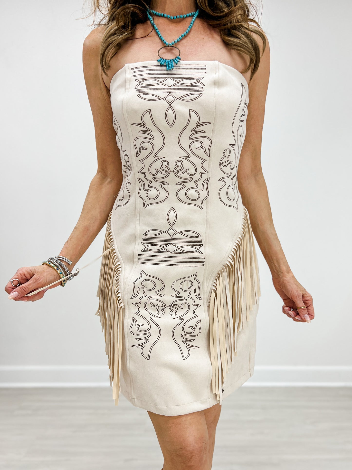 Ivory Suede Boot Stitch Embroidered Fringe Dress