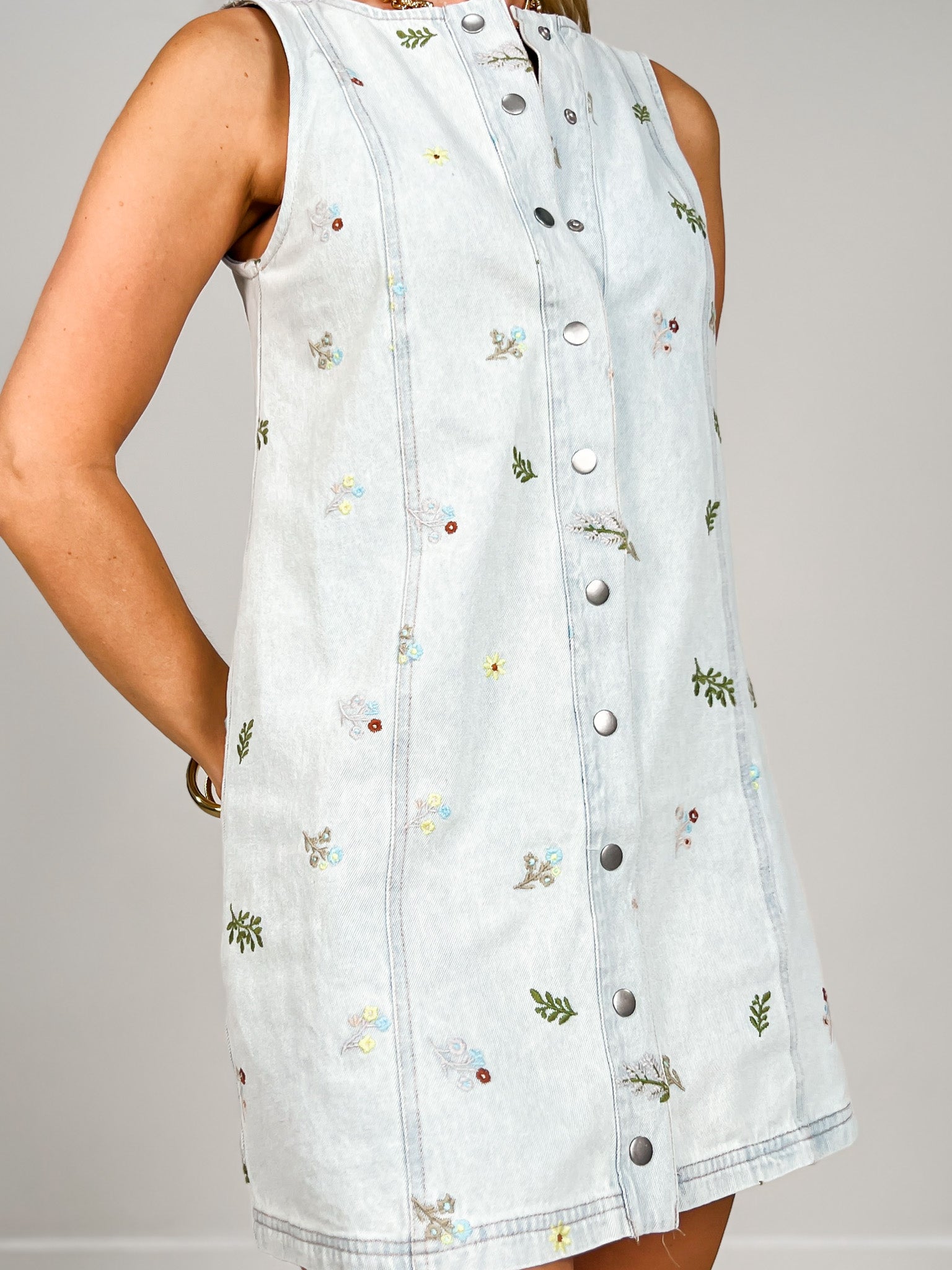 Embroidered Floral Button Down Denim Mini Dress