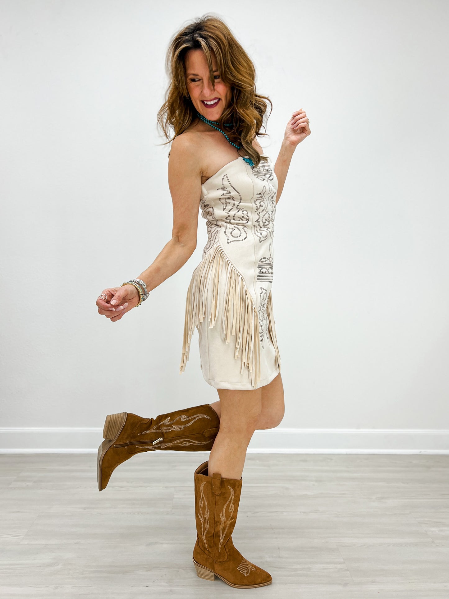 Ivory Suede Boot Stitch Embroidered Fringe Dress