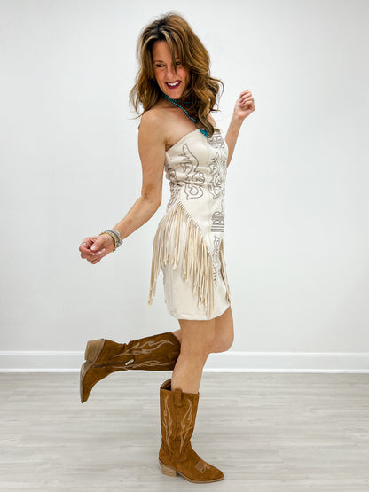 Ivory Suede Boot Stitch Embroidered Fringe Dress
