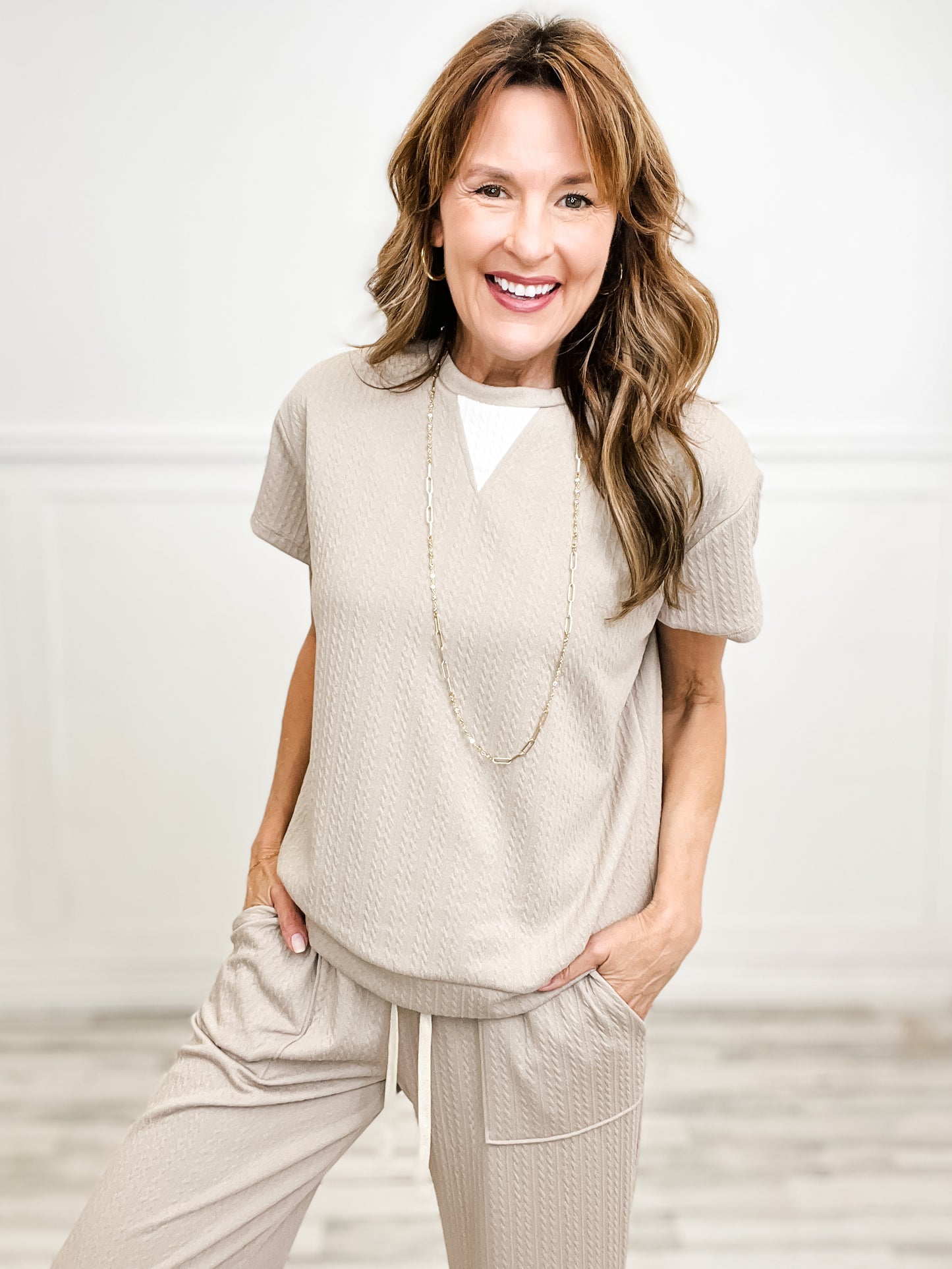 Textured Short Sleeve Top with Matching Elastic Waist Pants in Taupe