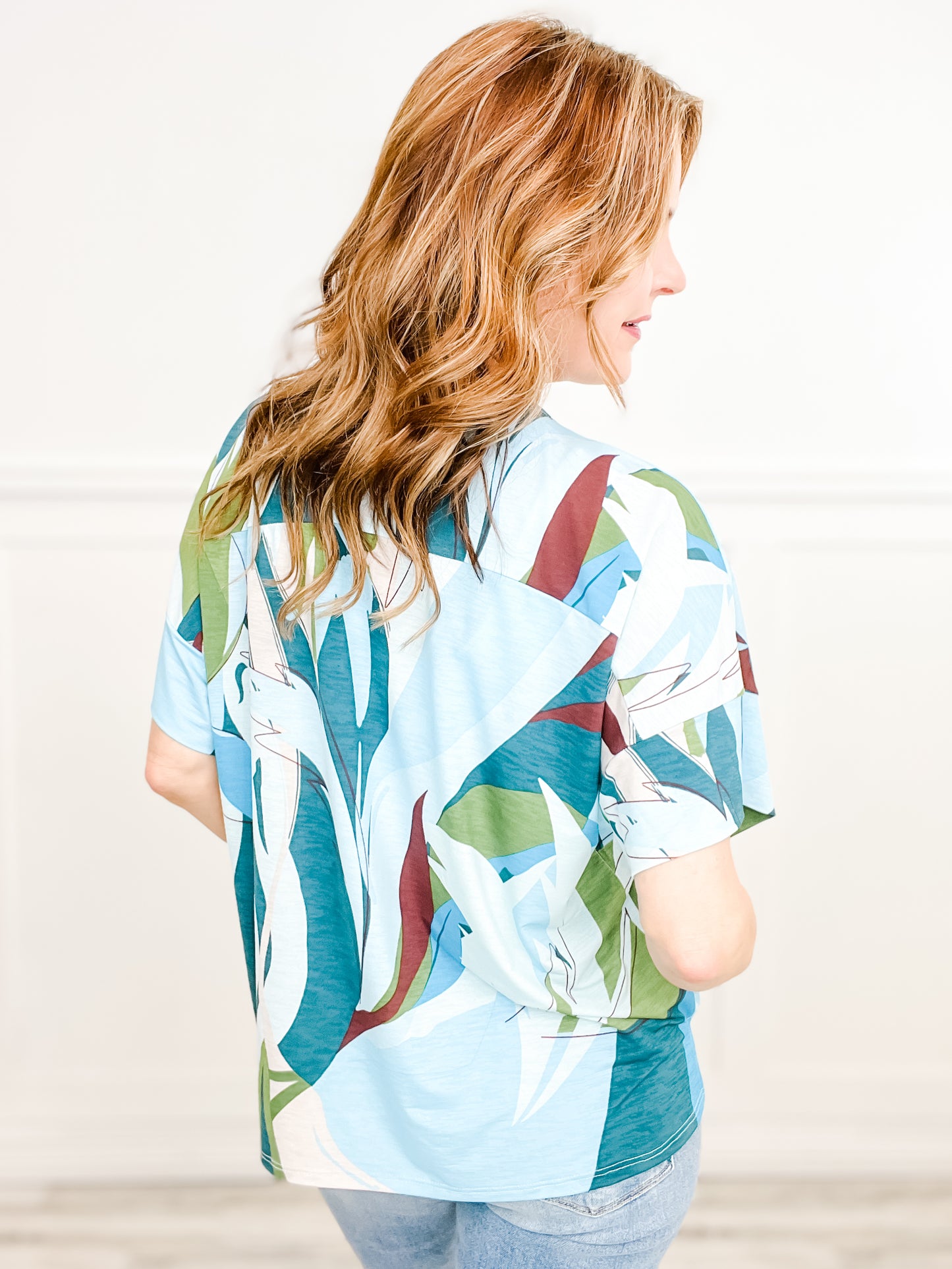 Wrinkle-Free Printed Top with Wrap Detail