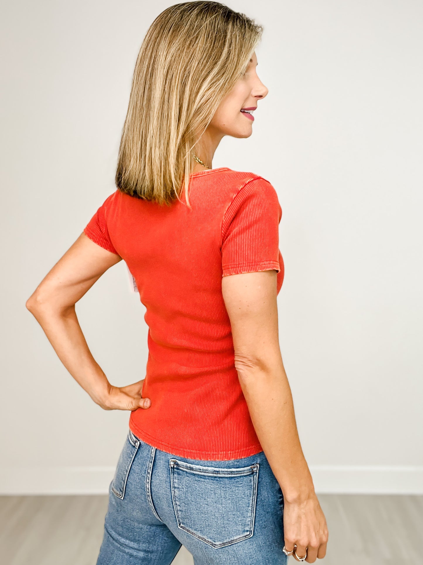 Notched Scoop Neck Short Sleeve Knit Top