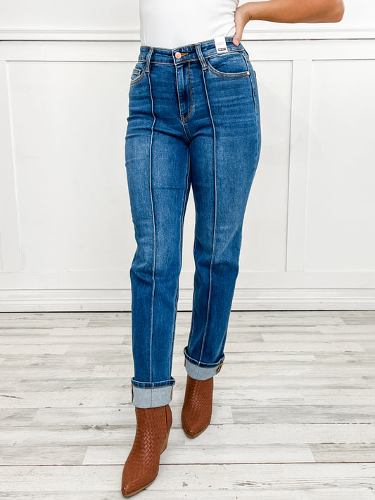 Judy Blue BETTER THAN REVENGE Hi-Rise Seam Detail and Cuffed Straight Jeans