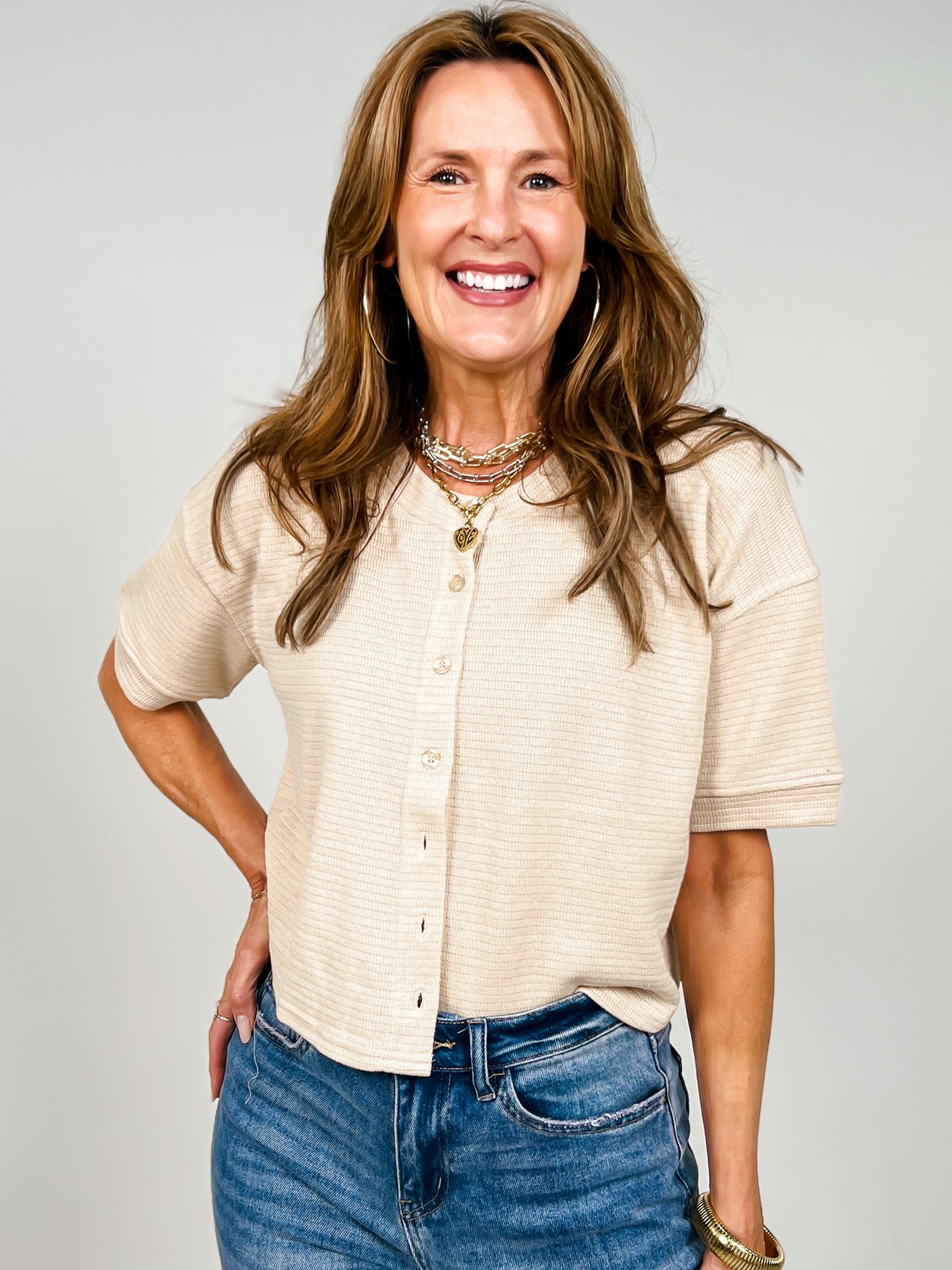 Textured Knit Button Down Short Sleeve Cardigan
