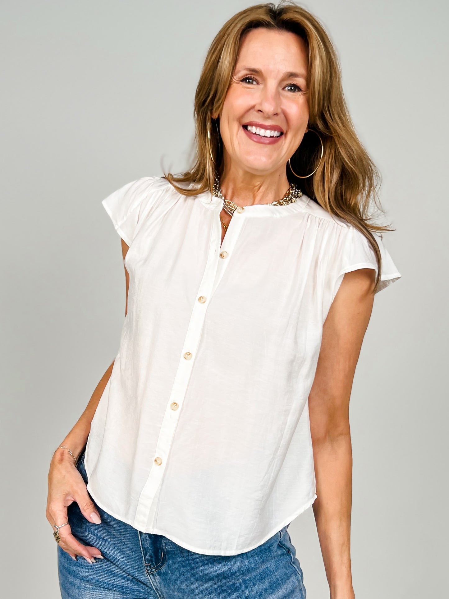 Ruched Shoulder Ruffle Sleeve Button Down Top