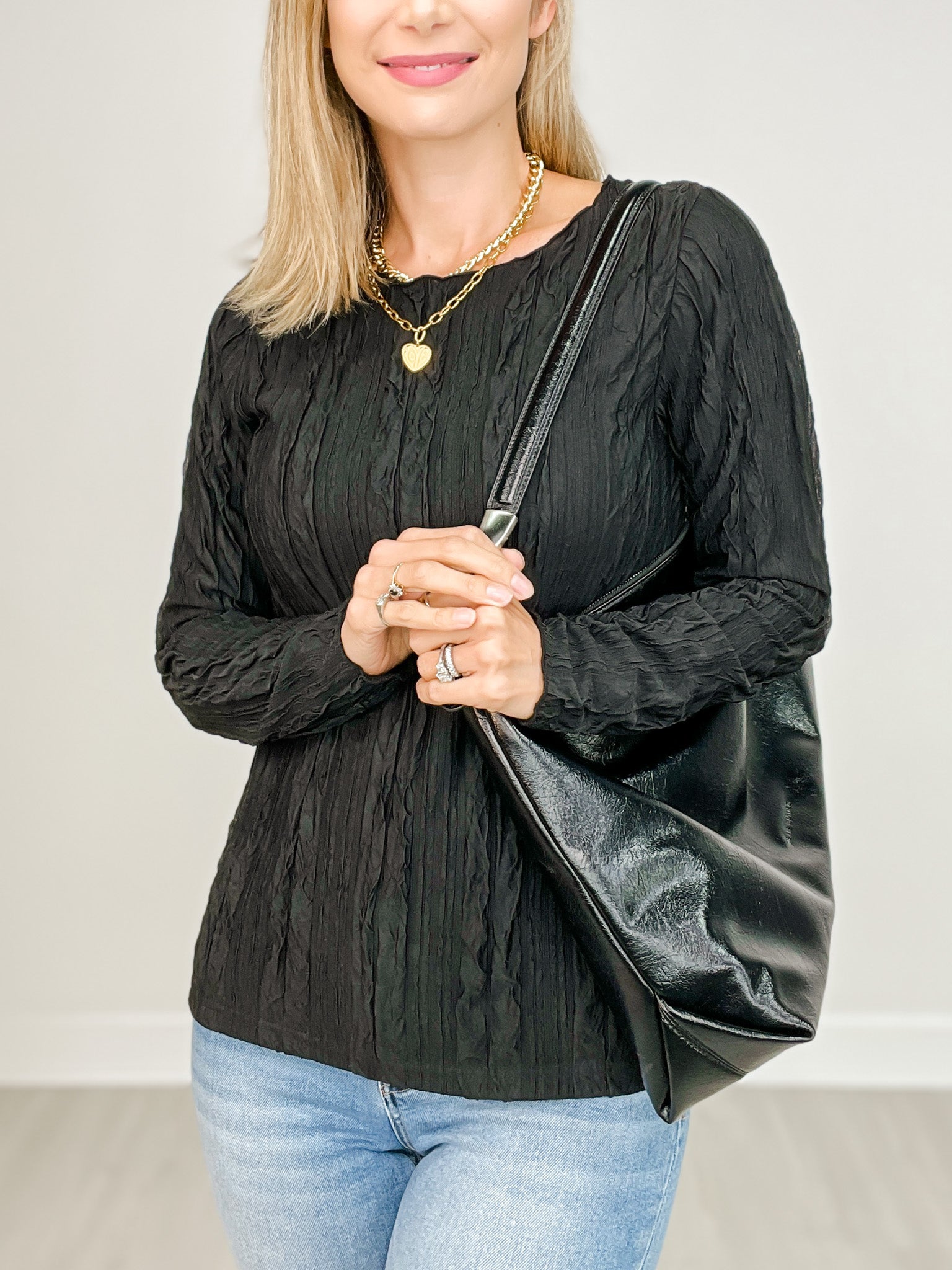 Lightweight Crinkle Knit Long Sleeve Knit Top