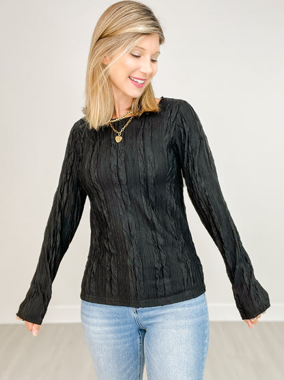 Lightweight Crinkle Knit Long Sleeve Knit Top