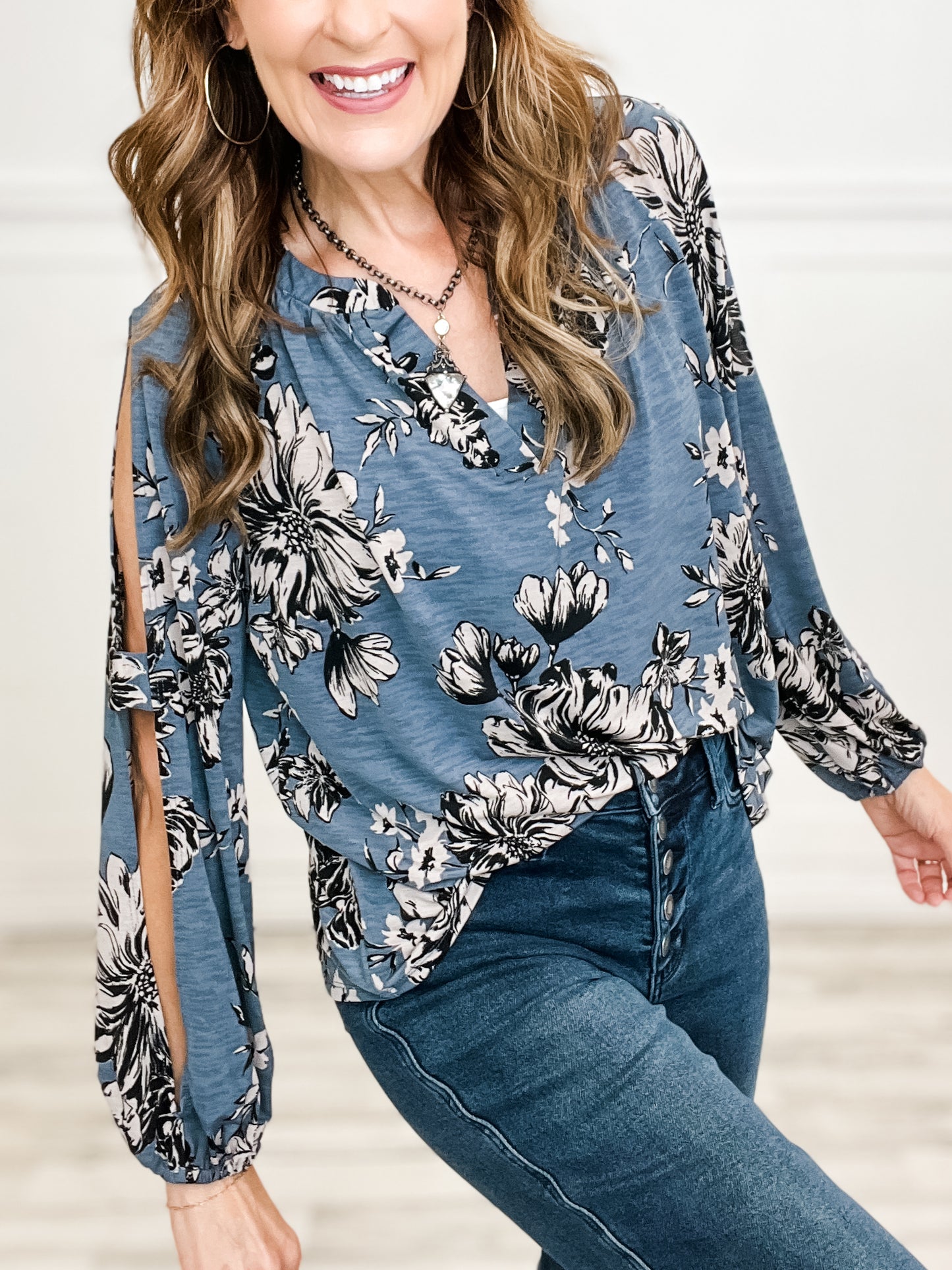 Floral Print V-Neck Top with 3/4 Length Bubble Slit Sleeves