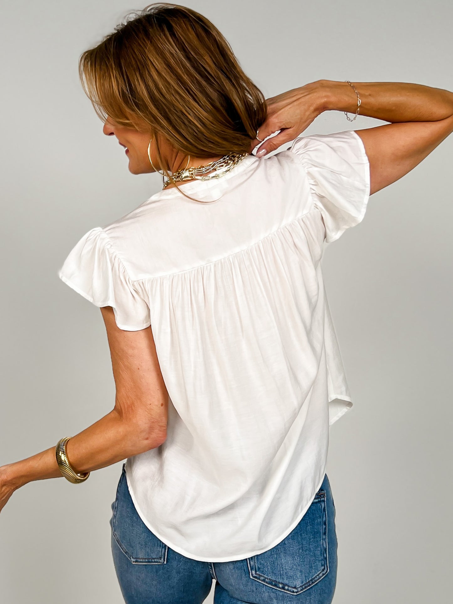 Ruched Shoulder Ruffle Sleeve Button Down Top