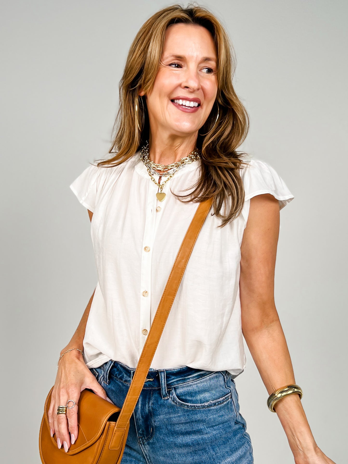 Ruched Shoulder Ruffle Sleeve Button Down Top