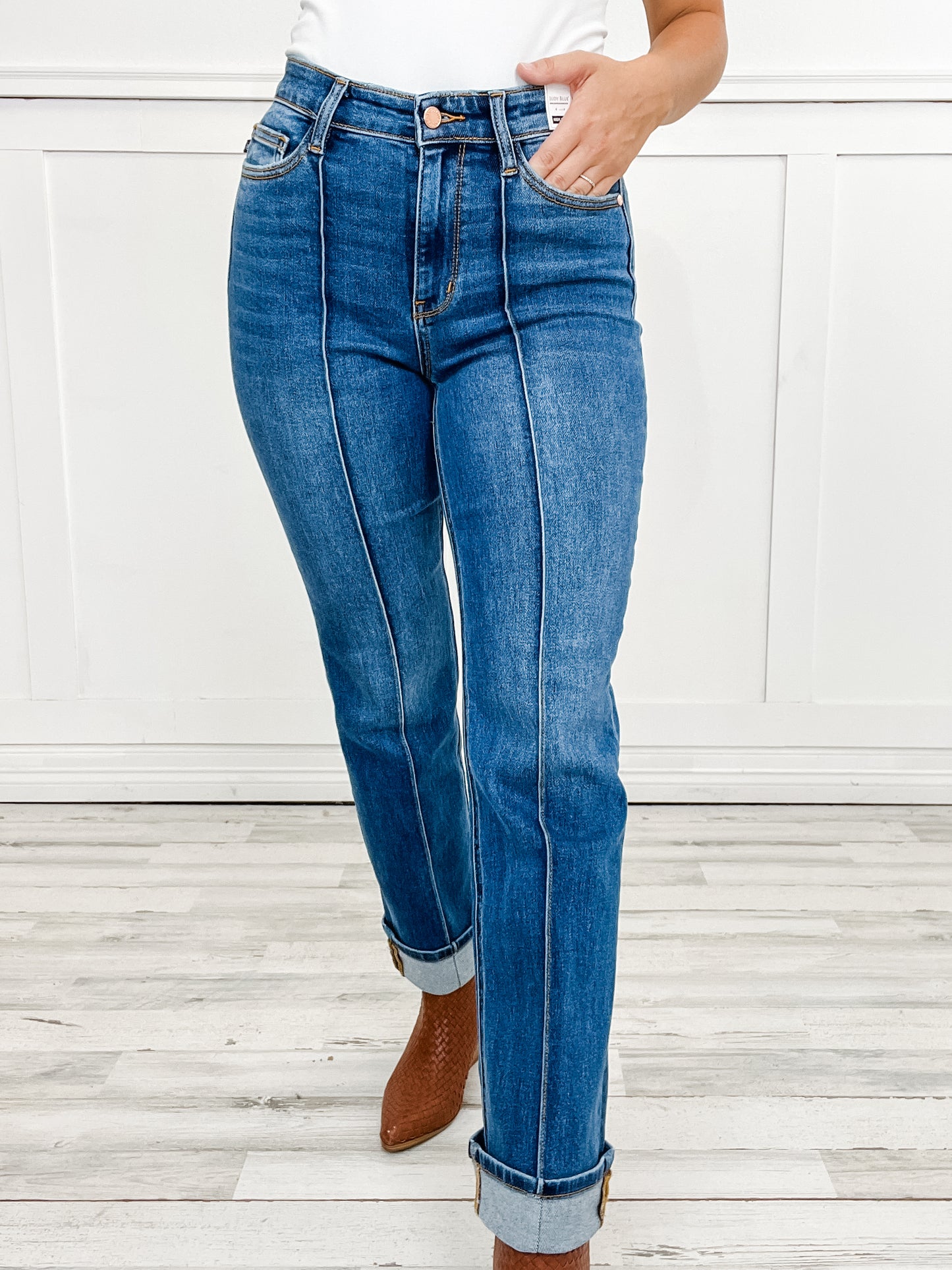 Judy Blue BETTER THAN REVENGE Hi-Rise Seam Detail and Cuffed Straight Jeans