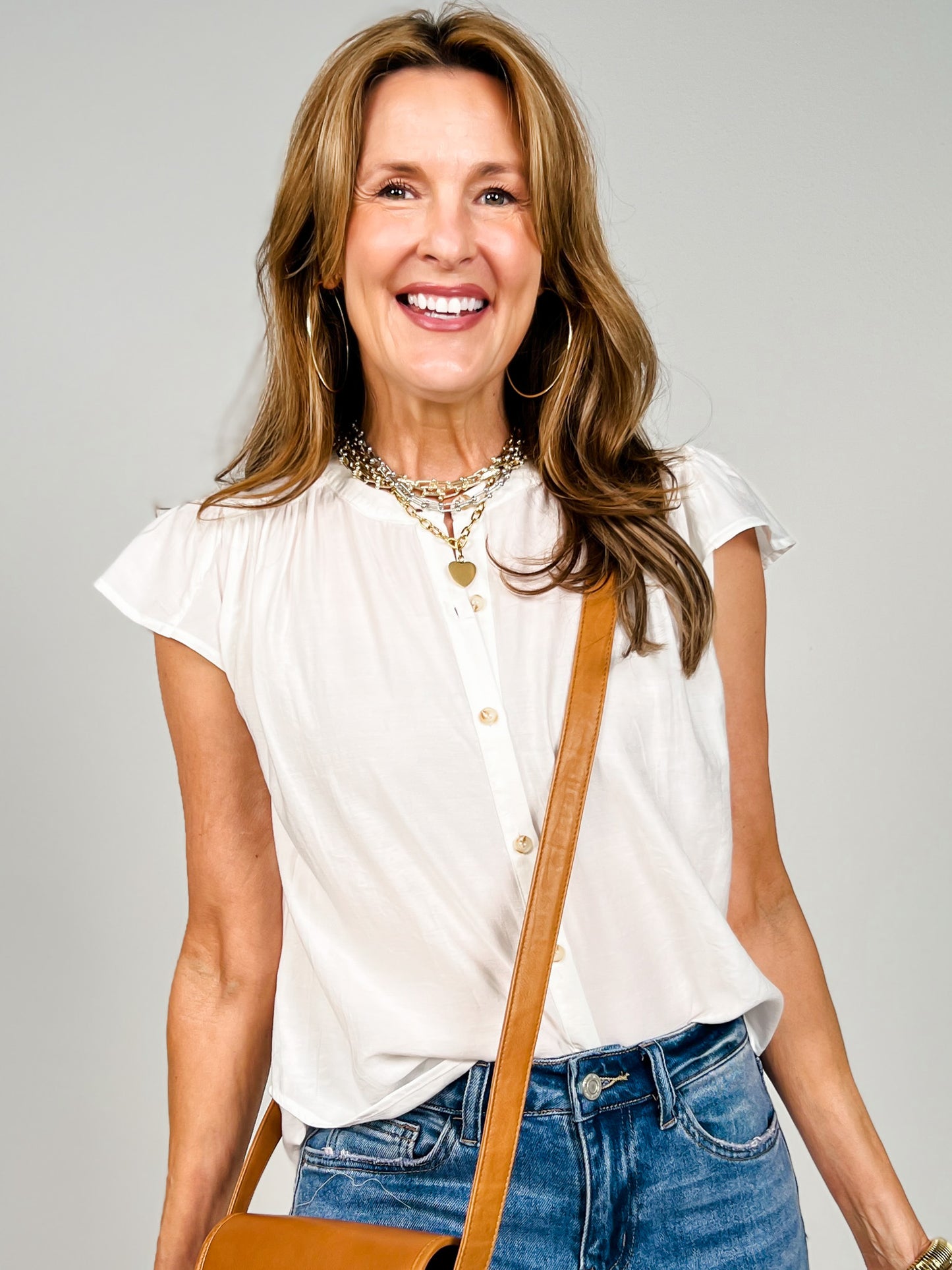 Ruched Shoulder Ruffle Sleeve Button Down Top