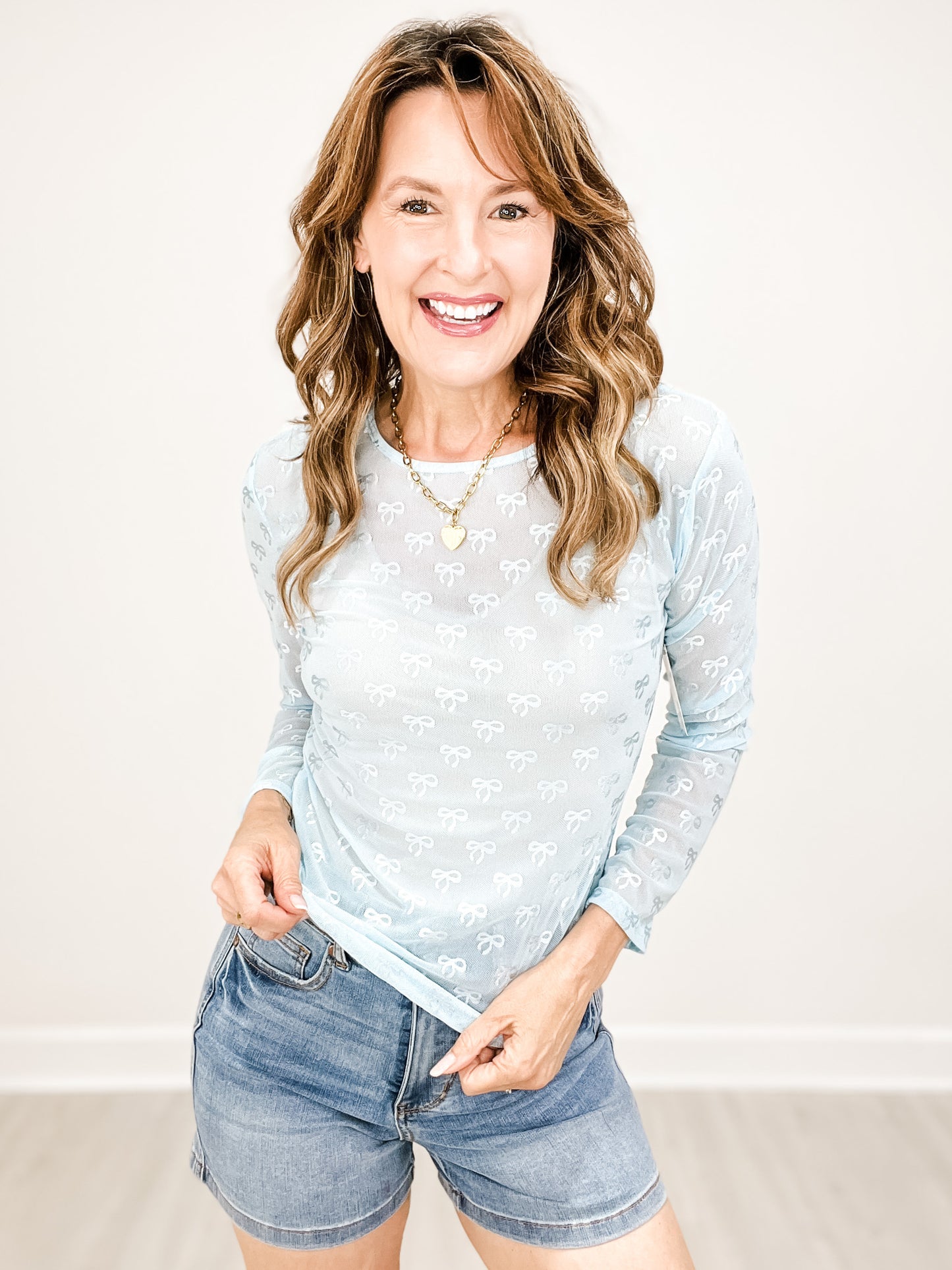 Ribbon Embroidered Long Sleeve Mesh Top